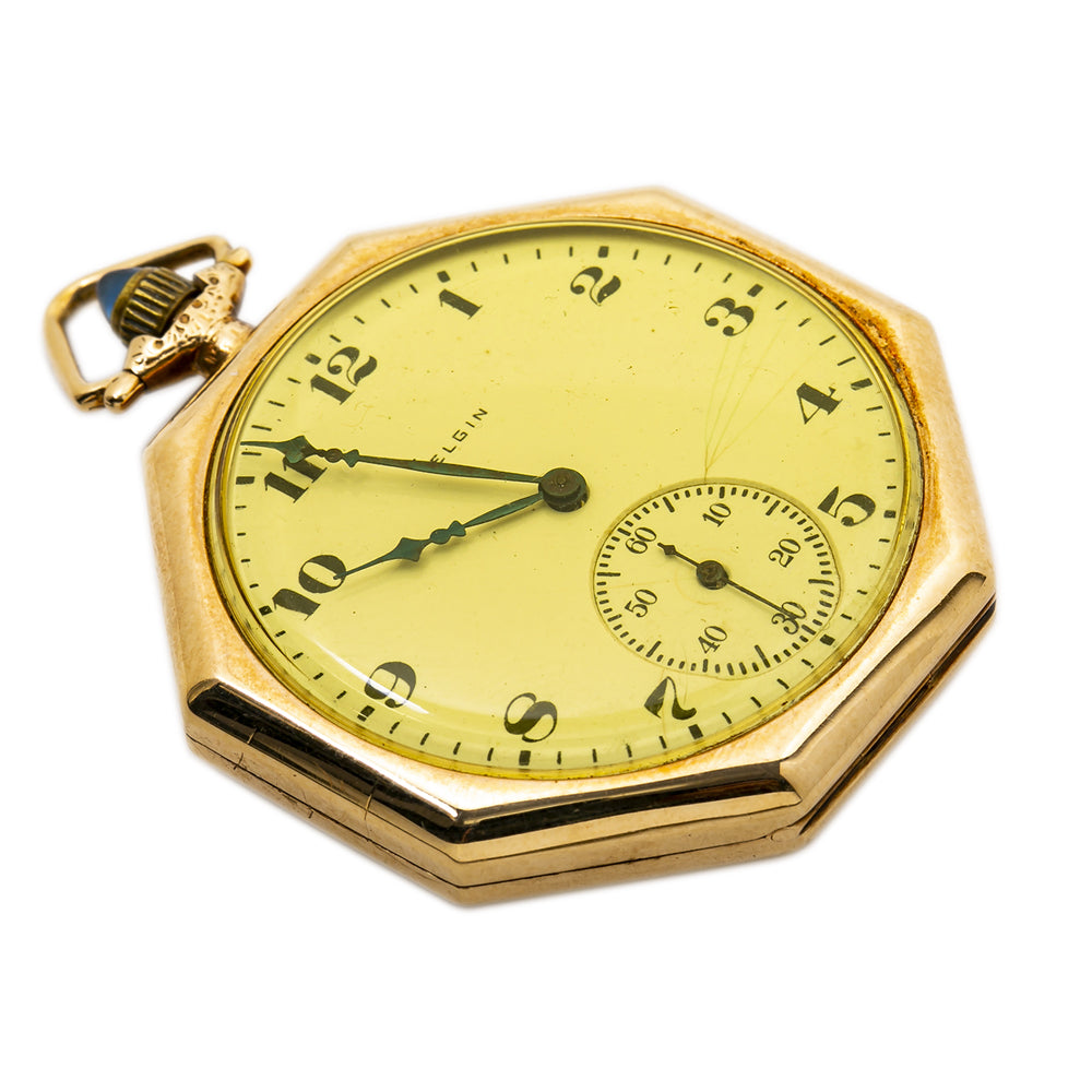 Elgin 25141181 Vintage 14K Yellow Gold Octagon Pocket Watch 43mm 54.7g in Total