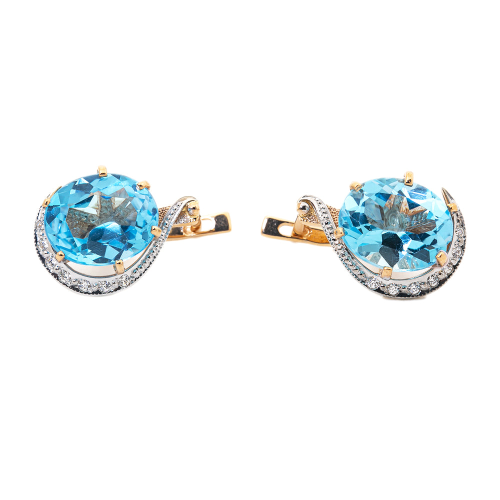14K Yellow Gold with 5 Carats Each Blue Topaz and Diamond Earrings 6.7 Grams