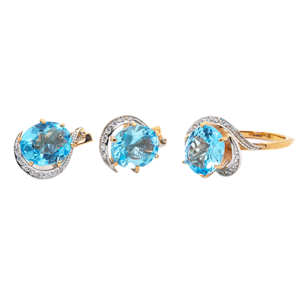 14K Yellow Gold with 5 Carats Each Blue Topaz and Diamond Earrings 6.7 Grams