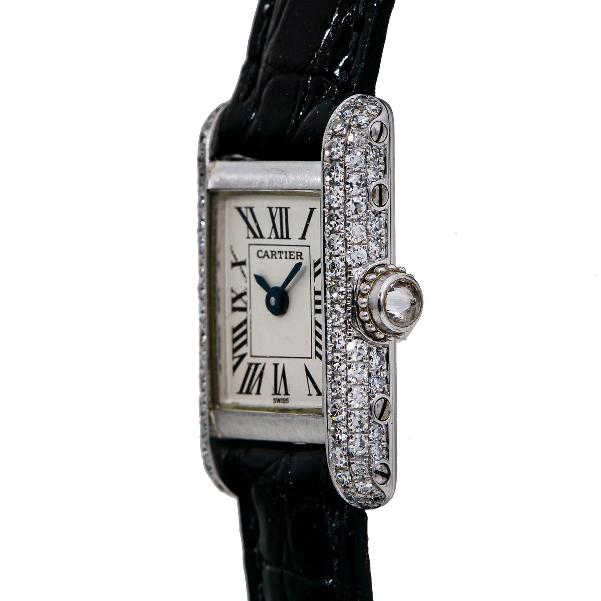 Cartier Tank Quartz 1370 1 Factory Diamond 18K White Gold Ladies Watch 16mm