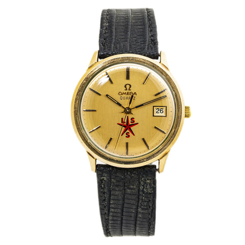Omega Date Vintage Quartz Yellow Gold Plated Steel Case Back Men's Watch 35mm