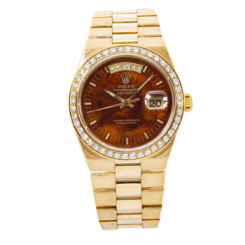 Rolex Oysterquar Day Date 19018 Rare Wood Dial 18K Gold Diamond Bezel Watch 36mm