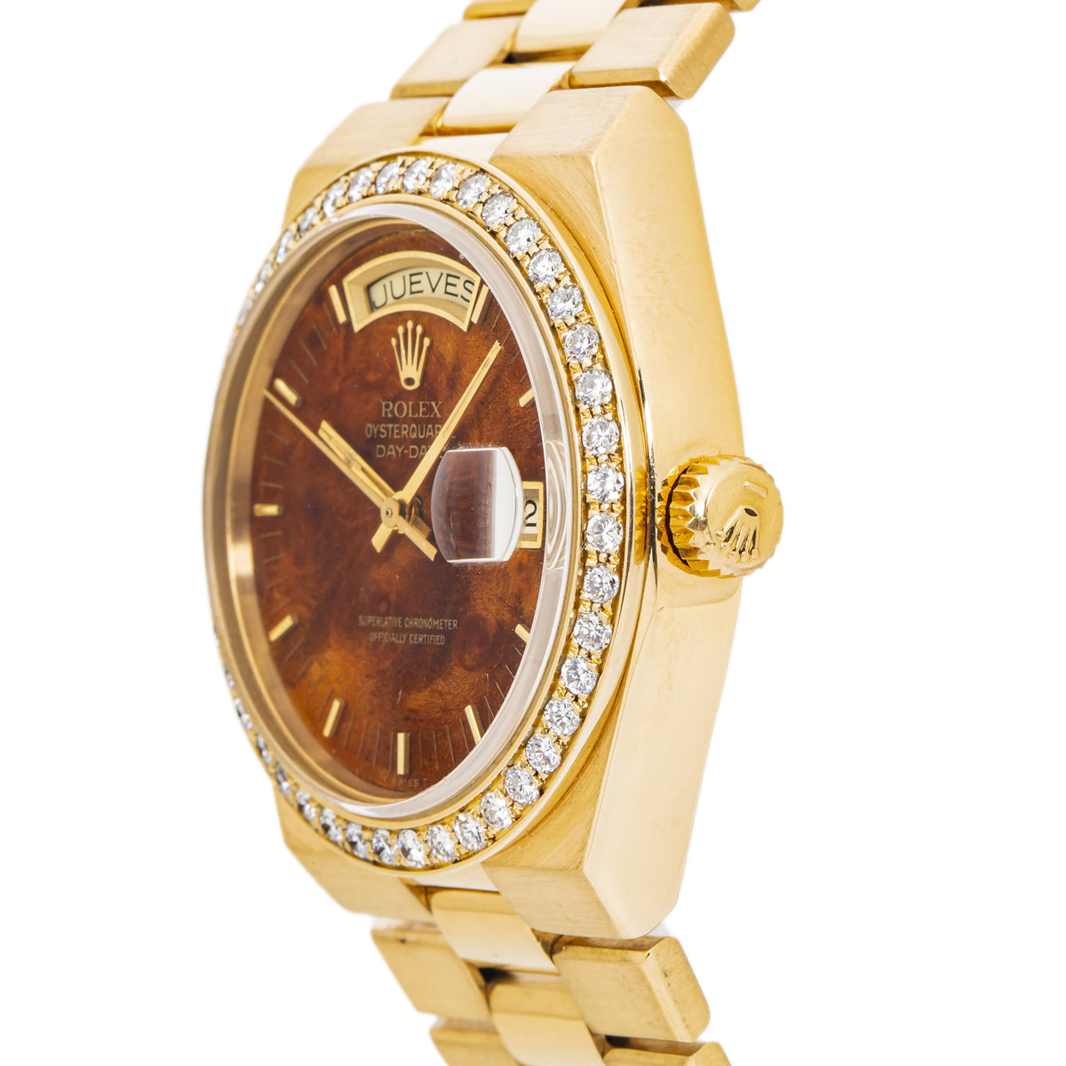 Rolex Oysterquar Day Date 19018 Rare Wood Dial 18K Gold Diamond Bezel Watch 36mm