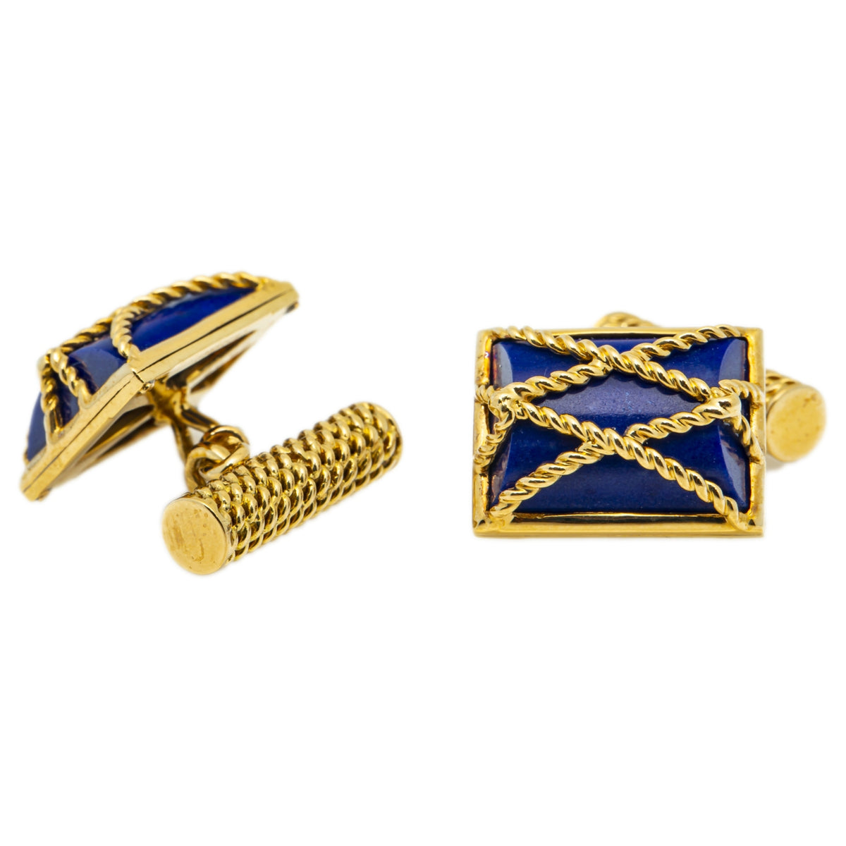 Cartier Cufflinks Lapis Lazuli Stone 18k Yellow Gold Rope Design 6.1grams
