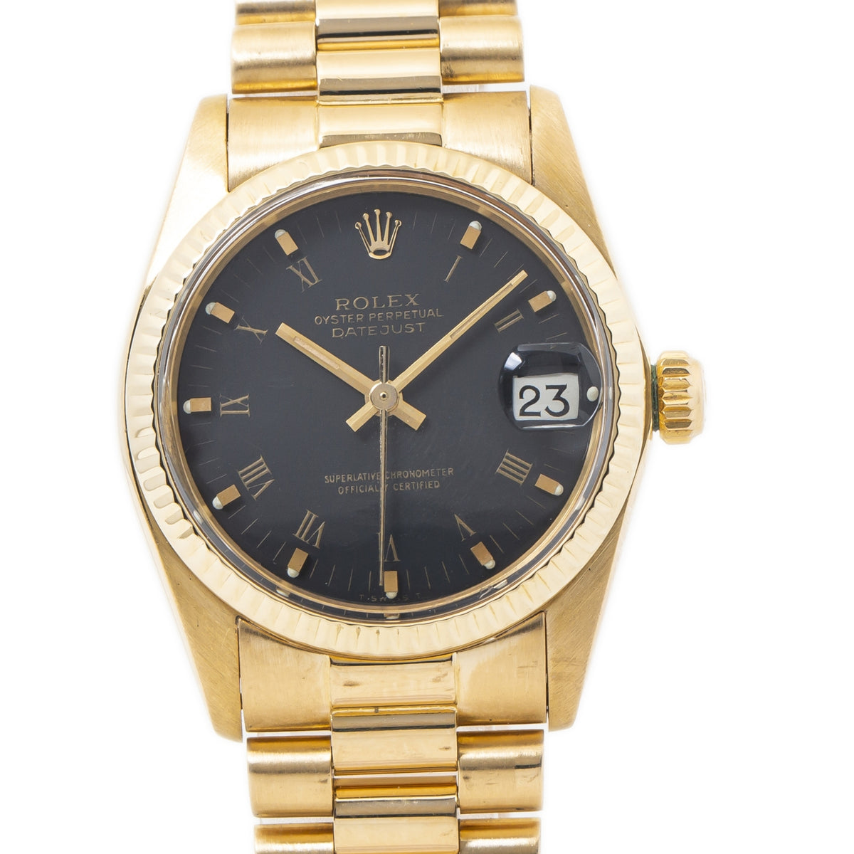 Rolex Datejust 6824 18k Yellow Gold President Black Matte Roman Dial Watch 31mm