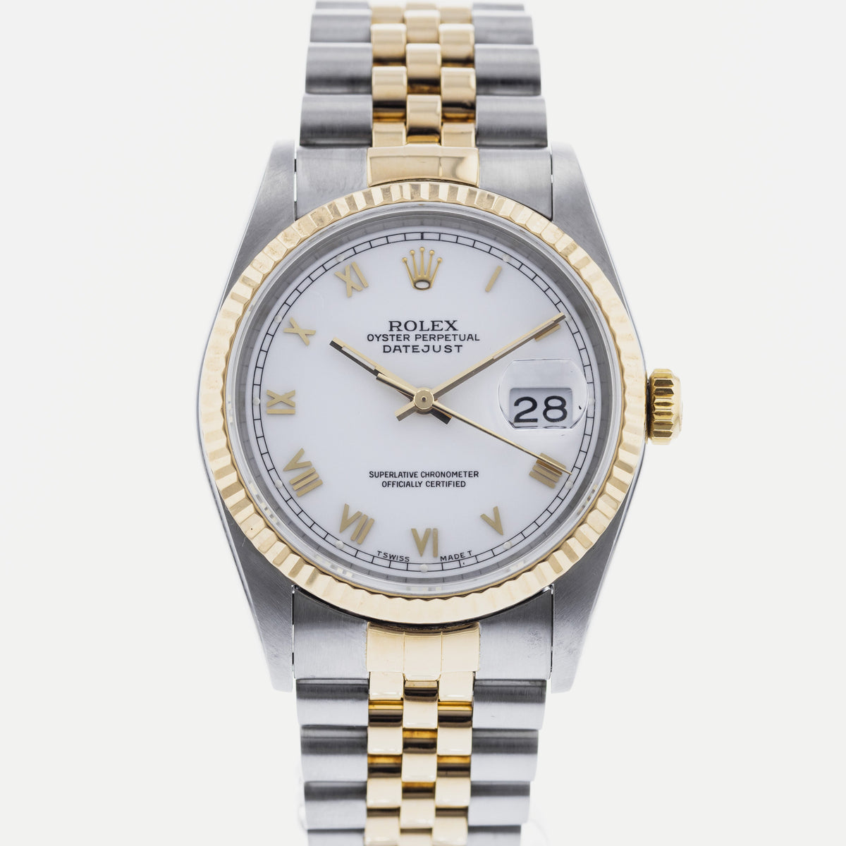 Rolex Datejust 16233 White Roman Dial Two Tone Jubliee Band