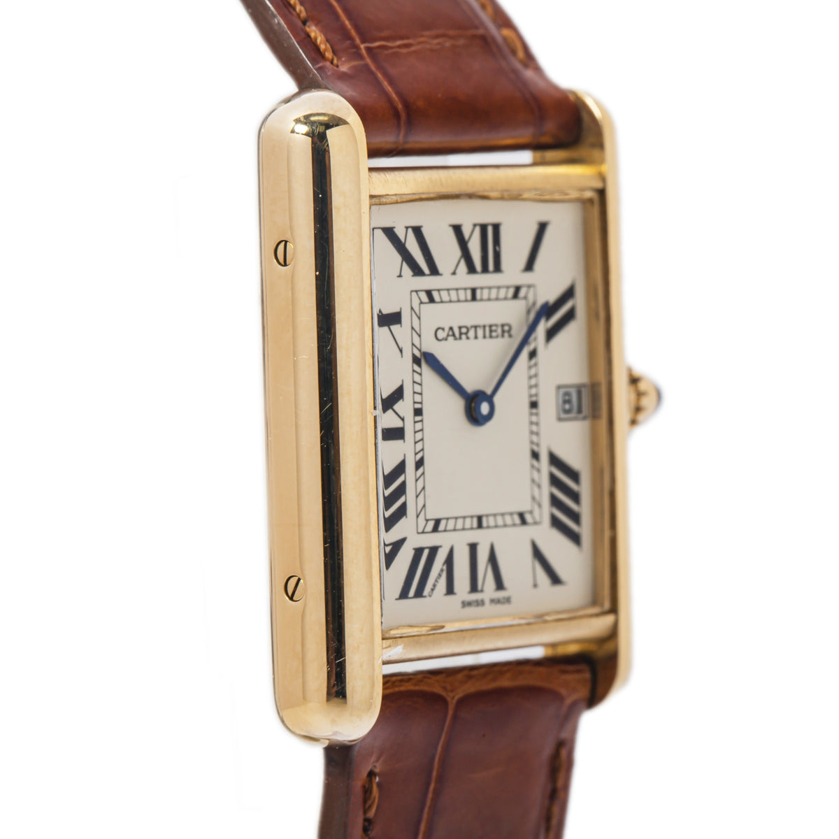 Cartier Tank Louis 2441 W1529756 18k Y Gold Roman Date Dial Quartz Watch 26x34mm