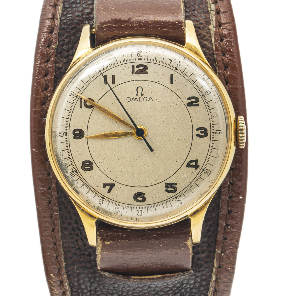 Omega Railroad Vintage 18k Yellow Gold Leather Strap Manual Watch 35mm