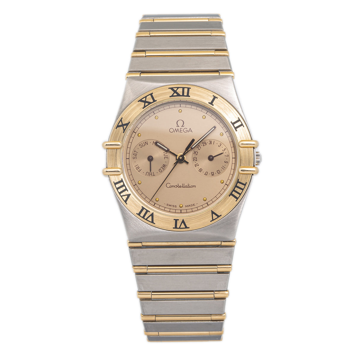Omega Constellation 1448/431 Day Date Chronograph 18k Gold Quartz Watch 32mm