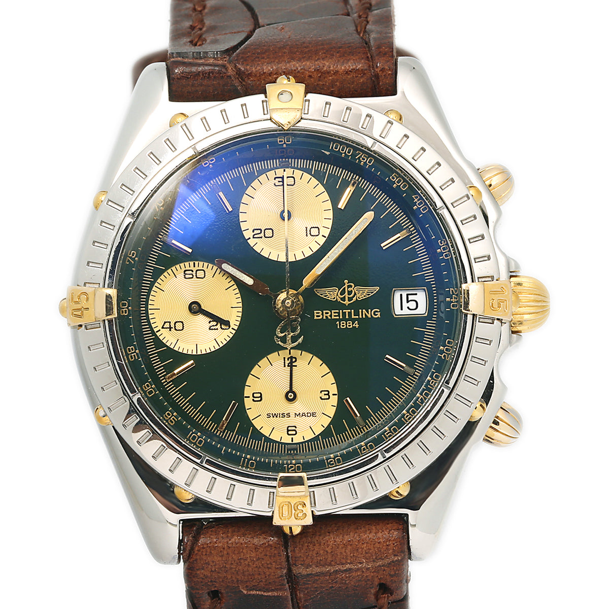 Breitling Chronomat B13050 18k Yellow Gold Steel Green Dial Automatic Watch 39mm