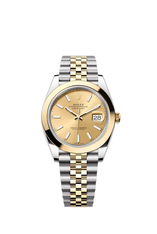 Rolex DateJust 126303 18k Yellow Gold Jubilee Champagne Stick Dial Watch 41mm