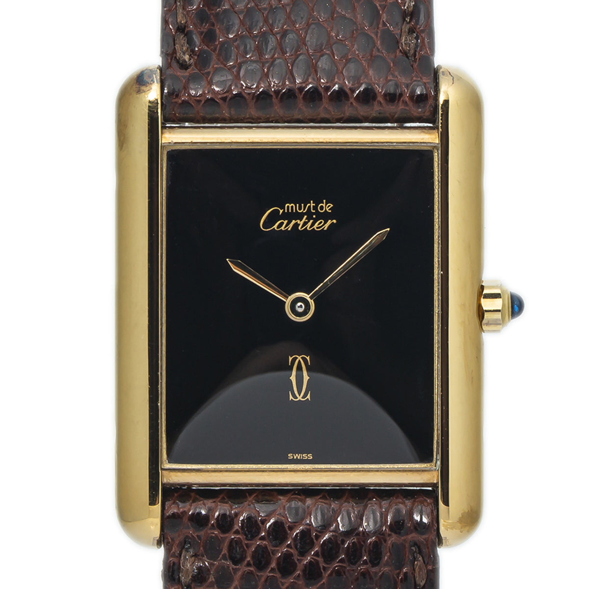 Cartier Tank Vermeil 6 81006 925 Yellow Gold Plated Black Quartz Watch 23x31mm
