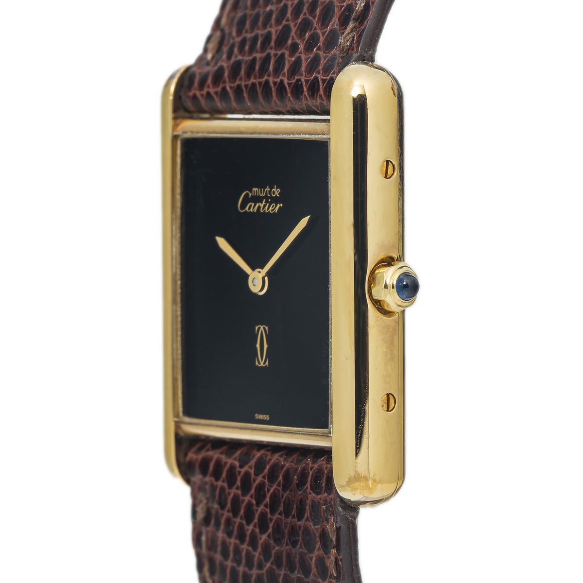 Cartier Tank Vermeil 6 81006 925 Yellow Gold Plated Black Quartz Watch 23x31mm