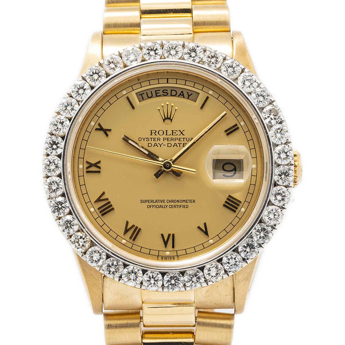 Rolex Day-Date 18038 18k Gold President 5.65ct GSI1 Diamond Bezel Watch 36mm