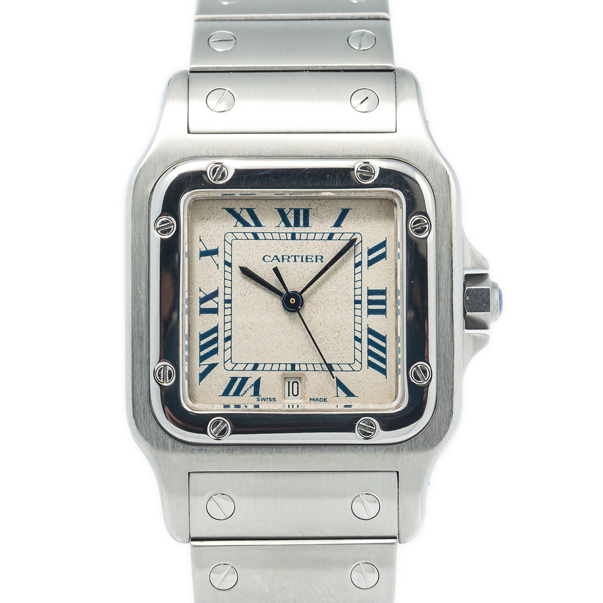 Cartier Santos Galbee 987901 Date Cream Blue Roman Dial Steel Quartz Watch 29mm