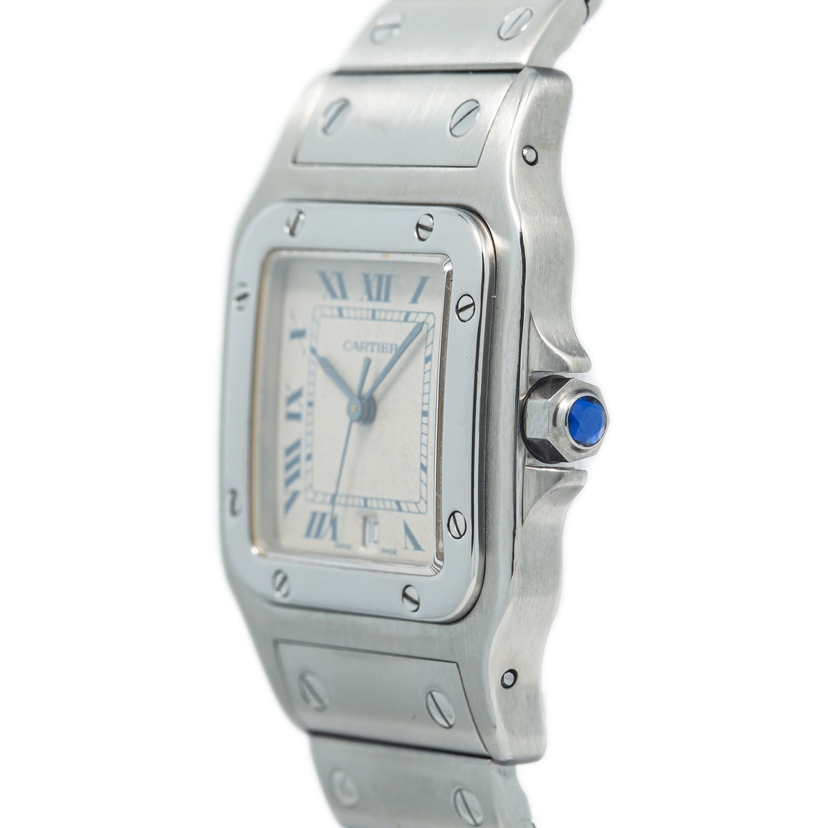 Cartier Santos Galbee 987901 Date Cream Blue Roman Dial Steel Quartz Watch 29mm