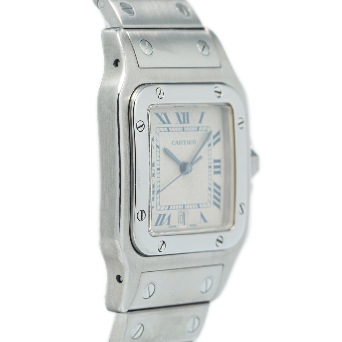 Cartier Santos Galbee 987901 Date Cream Blue Roman Dial Steel Quartz Watch 29mm