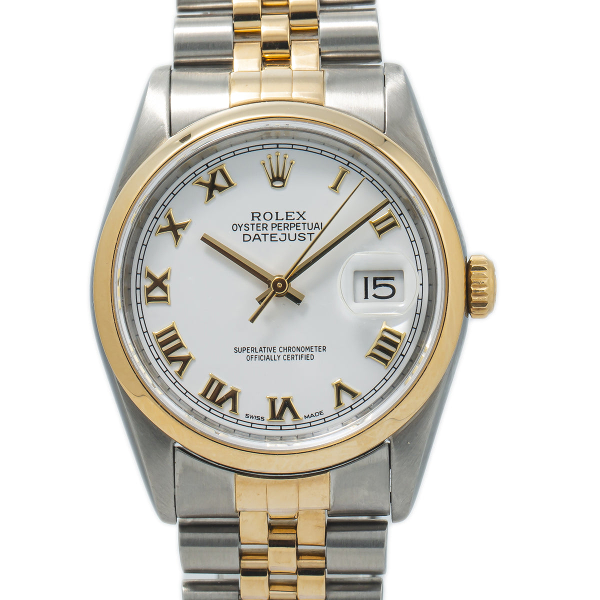 Rolex Datejust 16203 18k Yellow Gold Steel Jubilee Roman White Dial Watch 36mm