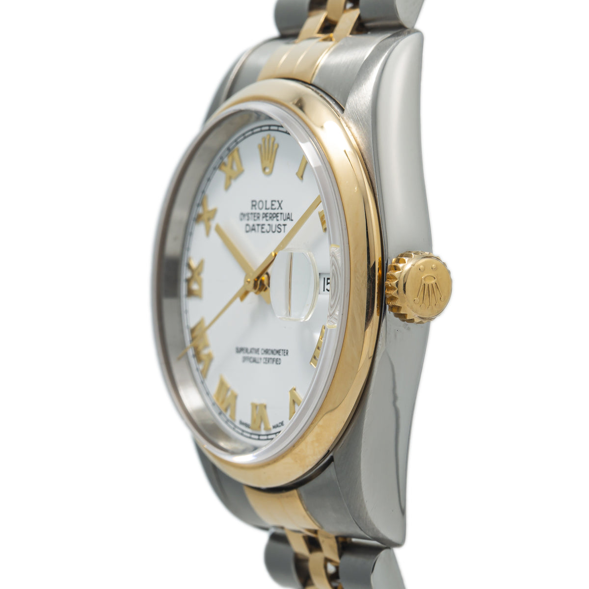 Rolex Datejust 16203 18k Yellow Gold Steel Jubilee Roman White Dial Watch 36mm