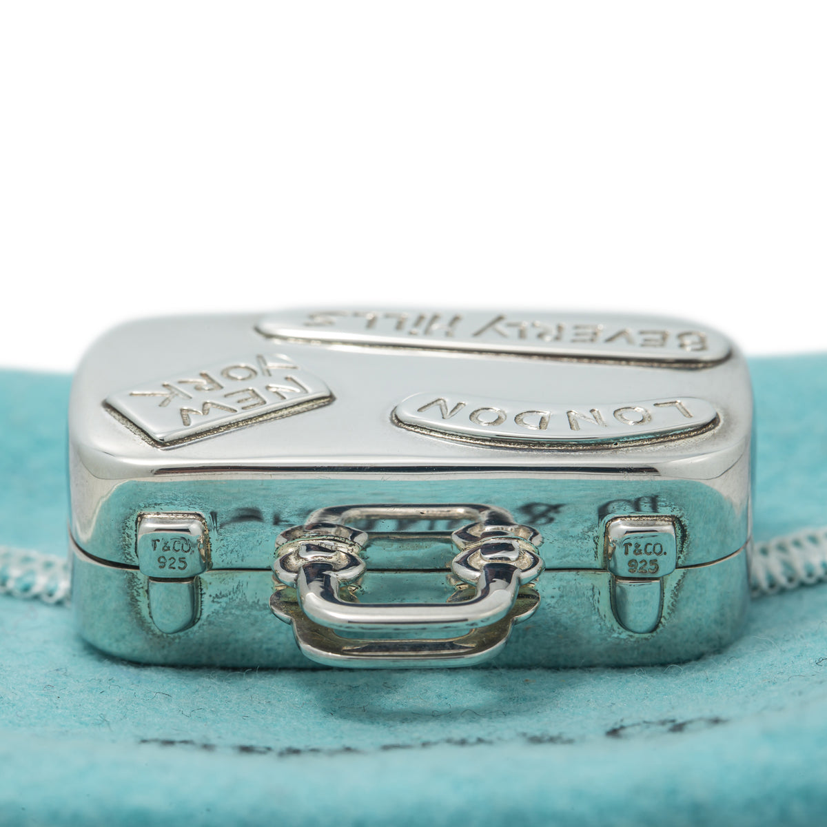 Tiffany & Co Sterling Silver 925 Suitcase World Travel Pill Box 44mmx24mmx16mm
