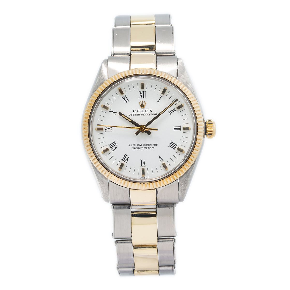Rolex Oyster Perpetual 1005 18k YellowGold Roman White Dial Automatic Watch 34mm