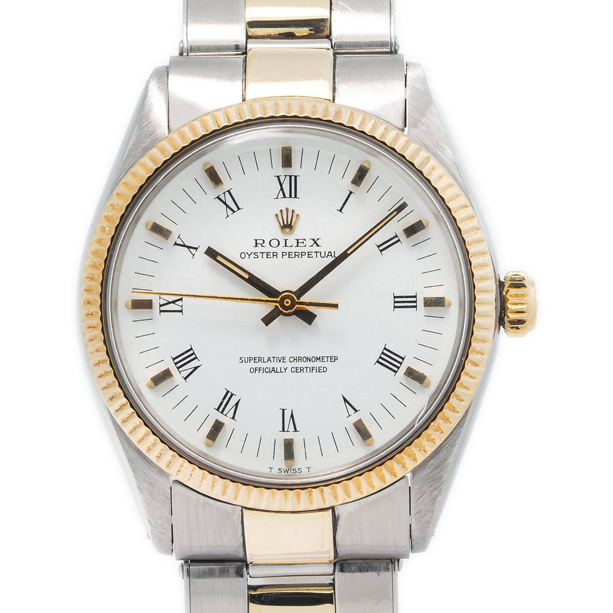Rolex Oyster Perpetual 1005 18k YellowGold Roman White Dial Automatic Watch 34mm
