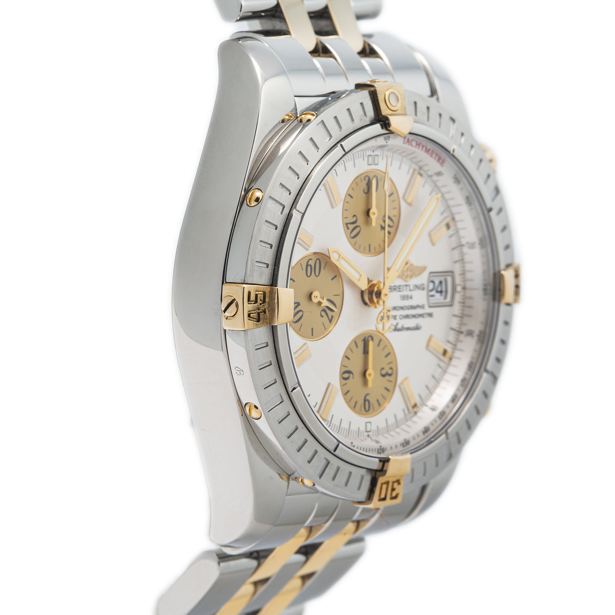 Breitling Chronomat Evolution B13356 18k Yellow Gold Steel White Dial Watch 44mm