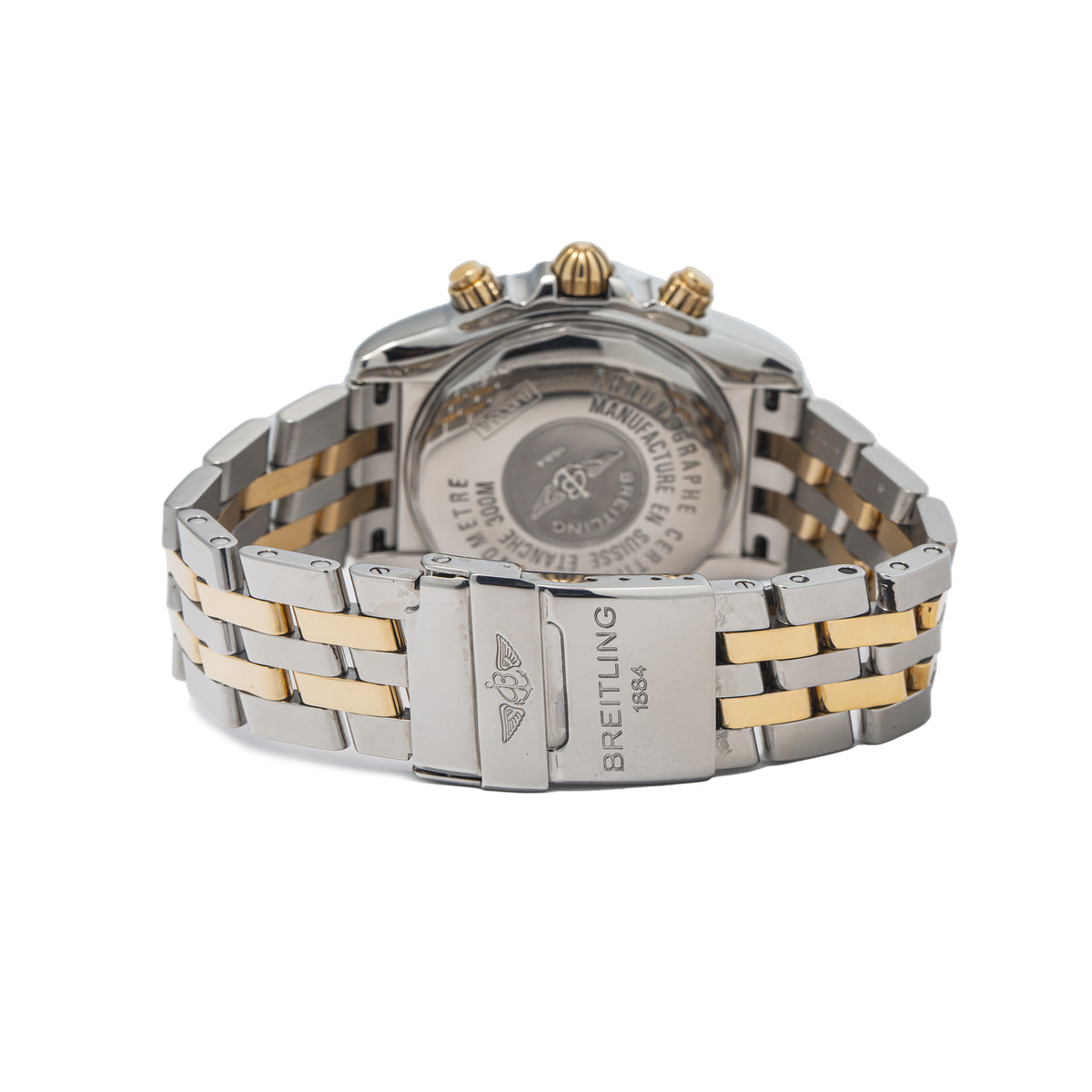 Breitling Chronomat Evolution B13356 18k Yellow Gold Steel White Dial Watch 44mm