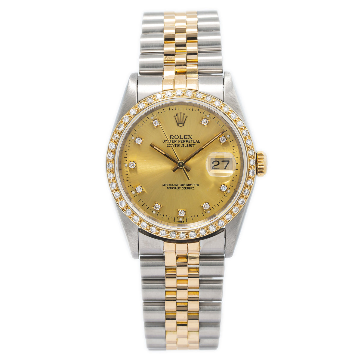 Rolex Datejust 16233 18k Yellow Gold Jubilee Diamonds Champagne Dial Watch 36mm
