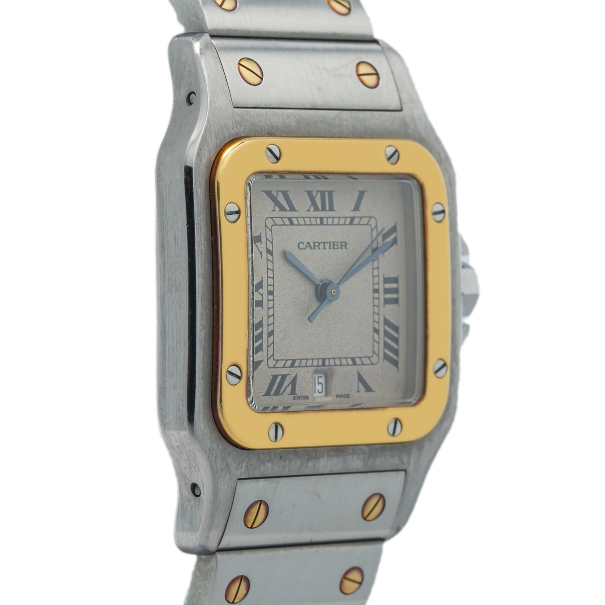 Cartier Santos Galbee W20011CY 18K YG Steel Roman Dial Date Quartz Watch 29mm