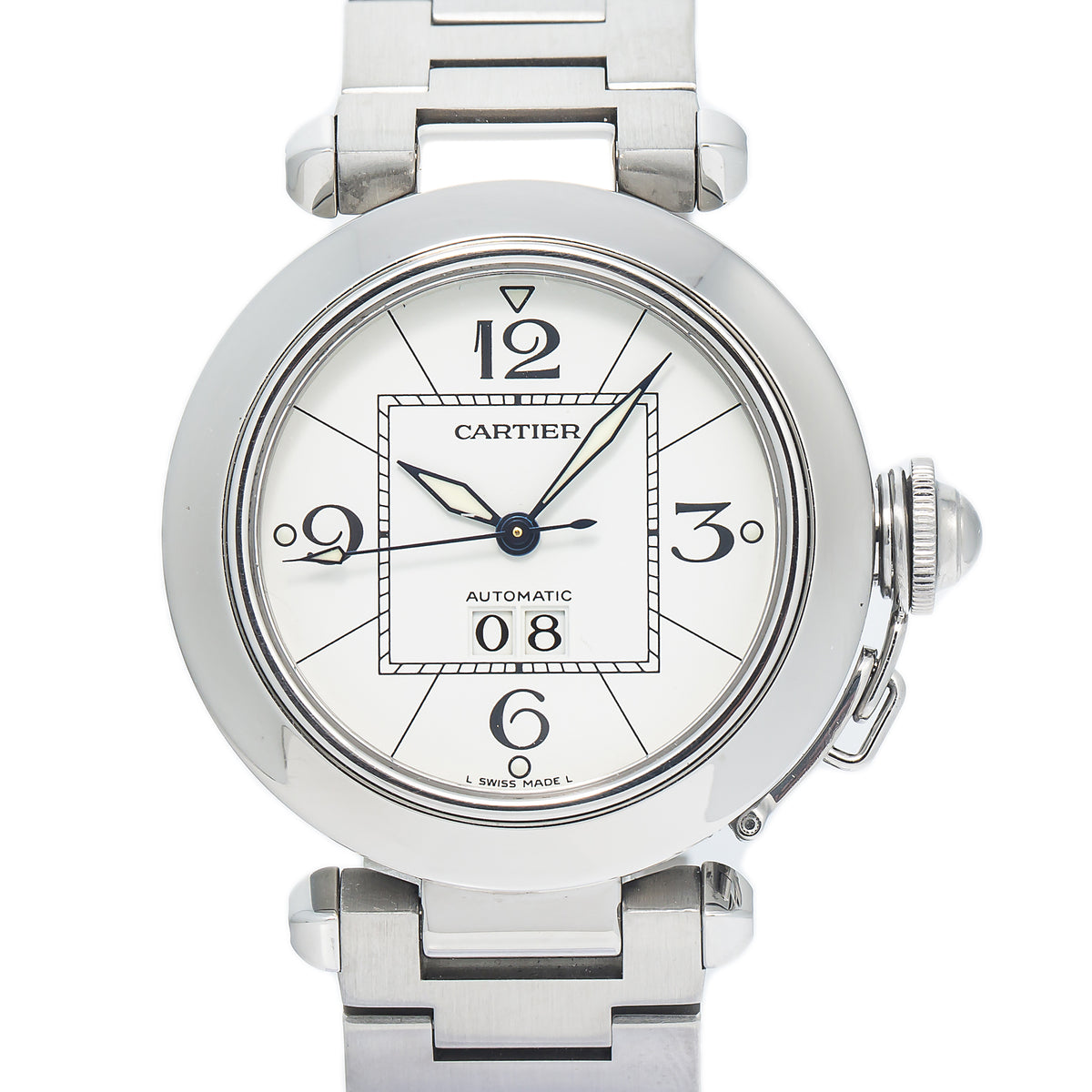 Cartier Pasha 2475 W31055M7 Stainless Date White Dial Auto Unisex Watch 35mm