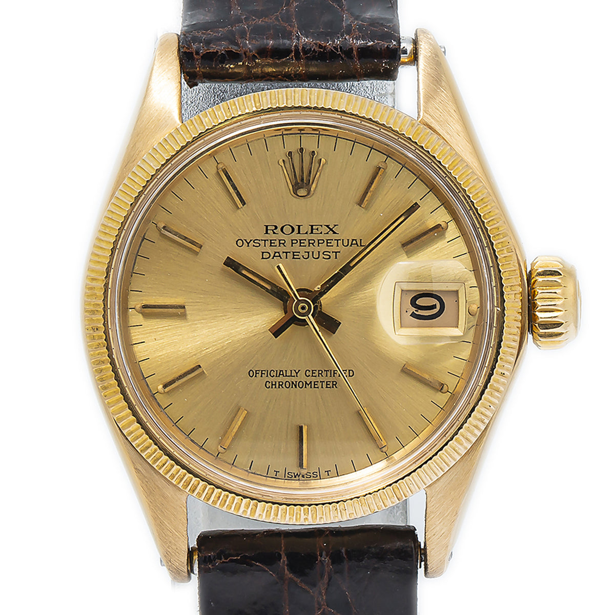 Rolex DateJust 6521 18k Yellow Gold Leather Strap Champagne Dial Ladies 25mm