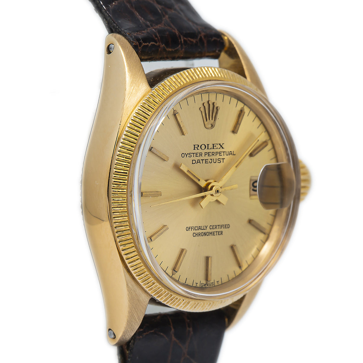 Rolex DateJust 6521 18k Yellow Gold Leather Strap Champagne Dial Ladies 25mm