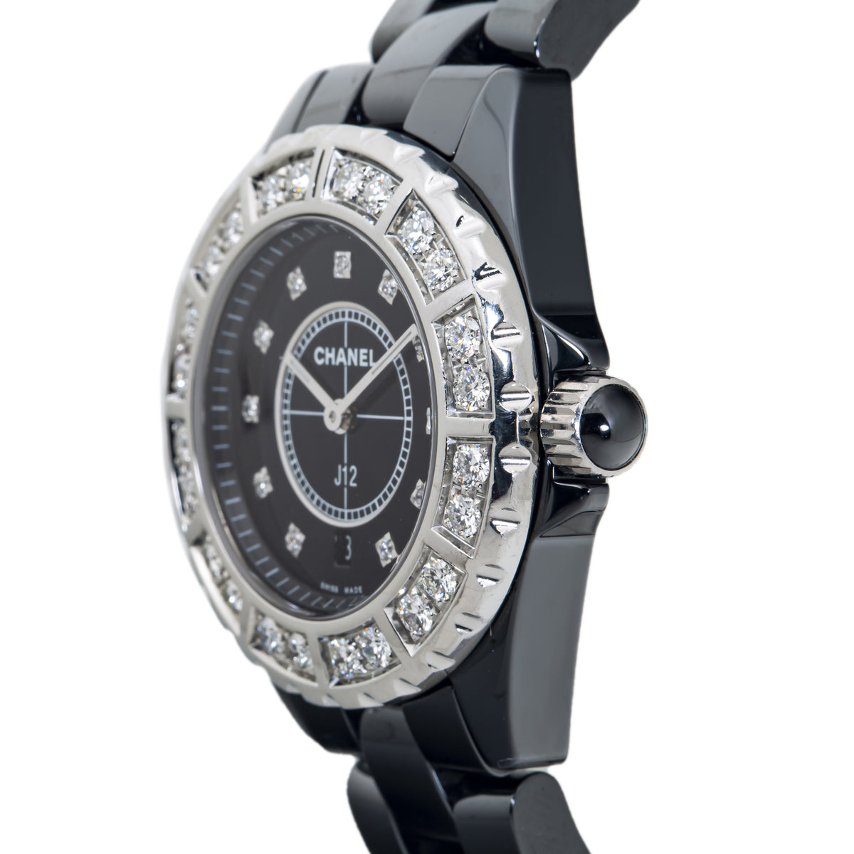 Chanel J12 H2428 Ceramic Black Diamonds Dial Quartz Ladies Watch 38mm