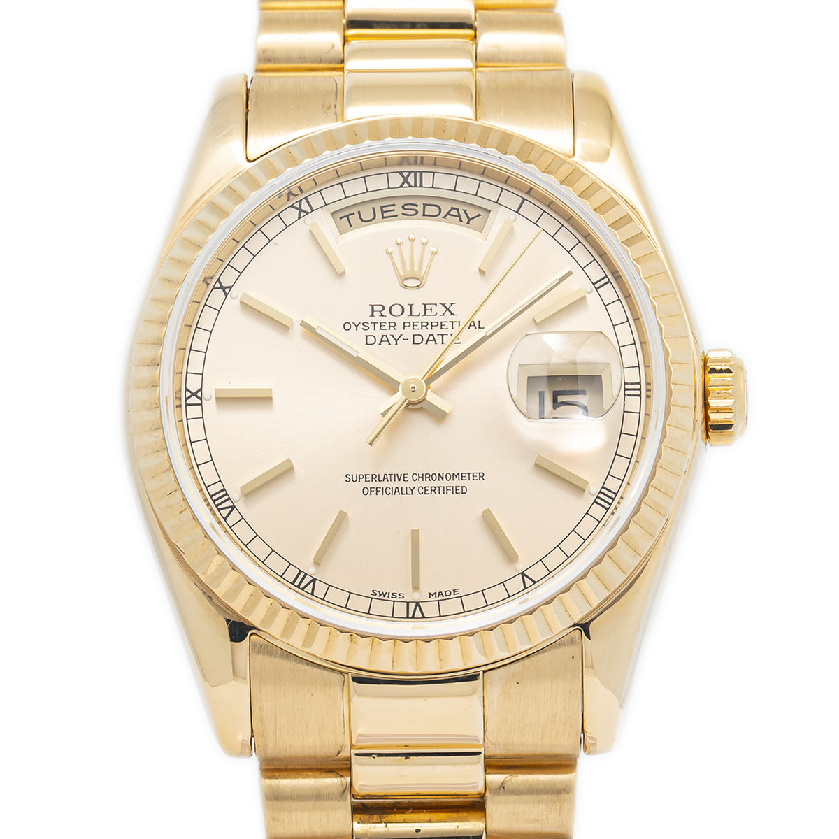 Rolex Day-Date 18238 President 18k Yellow Gold Index Champagne Dial Watch 36mm